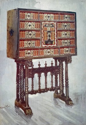 Vargueno cabinet of chestnut, ivory, etc., painted and gilt with wrought-iron and steel mounts by Edwin Foley Oil Painting