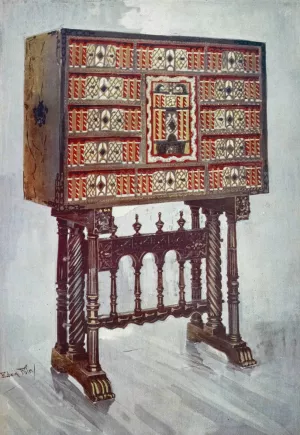 Vargueno cabinet of chestnut, ivory, etc., painted and gilt with wrought-iron and steel mounts by Edwin Foley Oil Painting