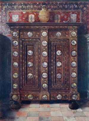 Walnut kas inlaid and with painted medallions of Delft ware by Edwin Foley Oil Painting