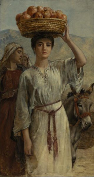 Main Product Photo of Woman Carrying a Basket Full of Pomegranates Painting by Edwin Longsden Long