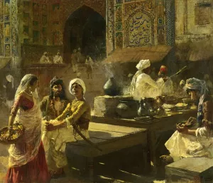 An Open-Air Kitchen, Lahore, India by Edwin Lord Weeks - Oil Painting Reproduction
