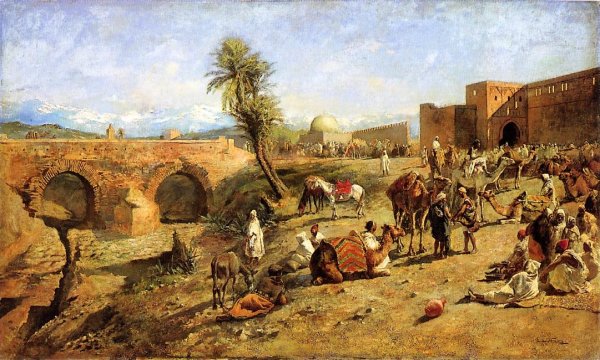 Main Product Photo of Arrival of a Caravan Outside The City of Morocco Painting by Edwin Lord Weeks