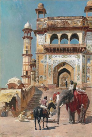 Before the great Jami Masjid mosque, Mathura, India by Edwin Lord Weeks Oil Painting