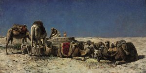 Camels beside a cistern by Edwin Lord Weeks Oil Painting
