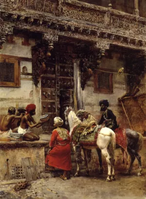 Craftsman Selling Cases by a Teak-Wood Building, Ahmedabad by Edwin Lord Weeks - Oil Painting Reproduction