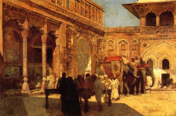 Main Product Photo of Elephants and Figures in a Courtyard, Fort Agra Painting by Edwin Lord Weeks