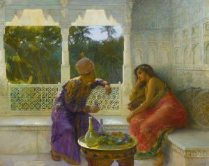 Figures in an interior with garden of palms beyond by Edwin Lord Weeks Oil Painting