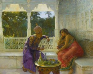 Figures In An Interior With Garden Of Palms Beyond by Edwin Lord Weeks Oil Painting