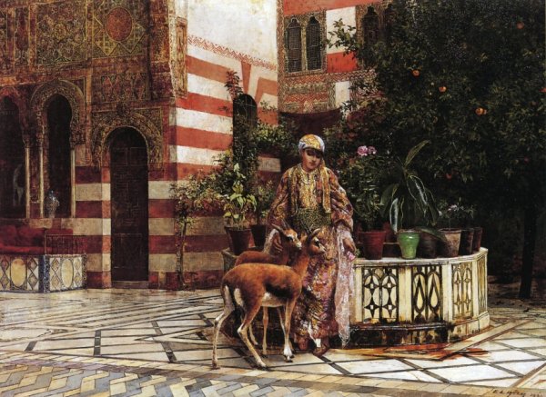 Main Product Photo of Girl in a Moorish Courtyard Painting by Edwin Lord Weeks