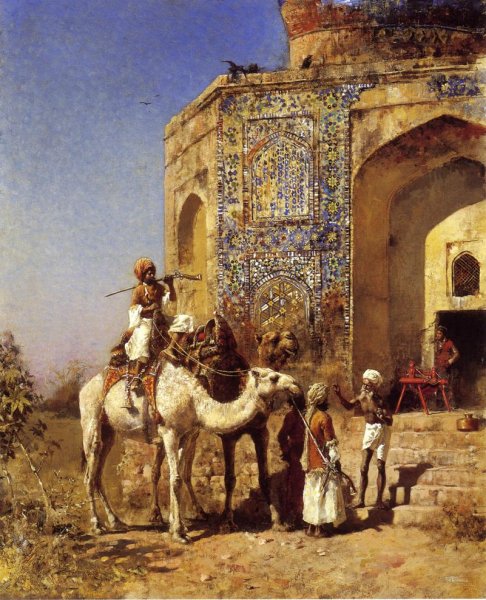 Main Product Photo of Old Blue-Tiled Mosque, Outside of Delhi, India Painting by Edwin Lord Weeks