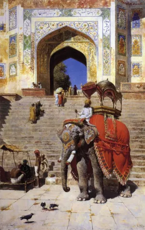 Royal Elephant at the Gateway to the Jami Masjid, Mathura by Edwin Lord Weeks - Oil Painting Reproduction