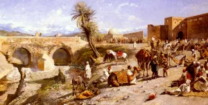 The Arrival of a Caravan Outside Marakesh, the Mountains of Atlas in the Distance by Edwin Lord Weeks Oil Painting