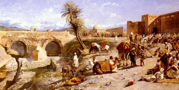 Main Product Photo of The Arrival of a Caravan Outside Marakesh, the Mountains of Atlas in the Distance Painting by Edwin Lord Weeks