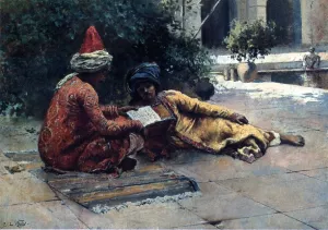 Two Arabs Reading in a Courtyard by Edwin Lord Weeks - Oil Painting Reproduction