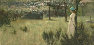 The young shepherdess and her goat in a springtime pasture by Edwin Sherwood Calvert Oil Painting