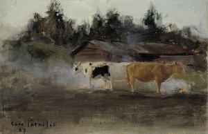 Cows in Turf Smoke, study by Eero Jarnefelt Oil Painting