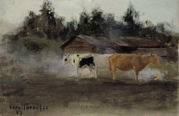 Cows in Turf Smoke, study  by Eero Jarnefelt - Hand-Painted Oil Painting Reproduction