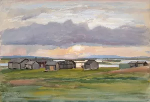 Rakennuksia rannalla Oil painting by Eero Jarnefelt