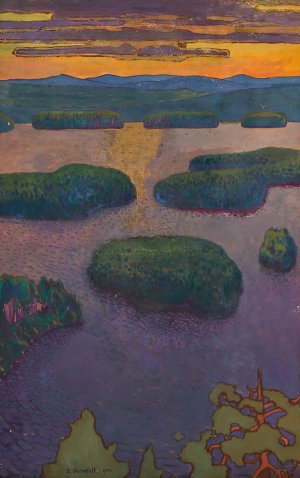 Sunset over a lake by Eero Jarnefelt Oil Painting