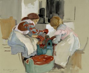 Two Girls Dyeing Fabric by Eero Jarnefelt Oil Painting