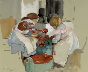 Two Girls Dyeing Fabric by Eero Jarnefelt Oil Painting