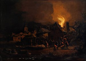 A fire in a Dutch village by Egbert Lievensz Van Der Poel  Oil Painting