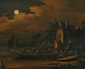 A nocturnal river landscape with a ferry boat by Egbert Van Der Poel Oil Painting