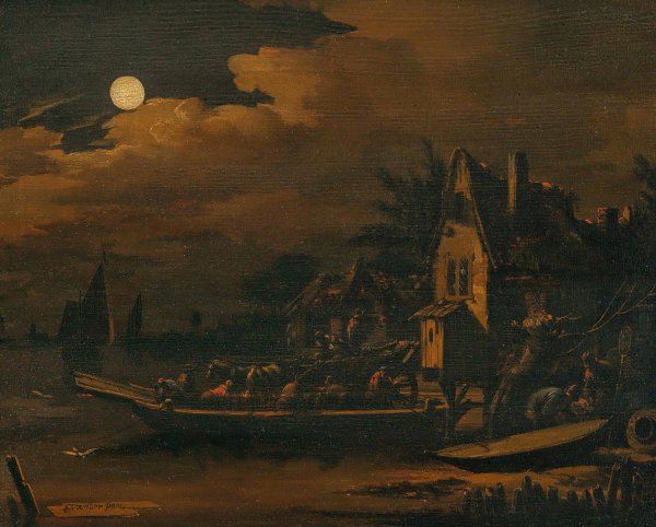 Main Product Photo of A nocturnal river landscape with a ferry boat Painting by Egbert Van Der Poel