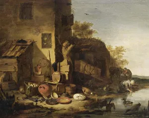 Cottage with a Still-Life of Kitchen Utensils painting by Egbert Van Der Poel