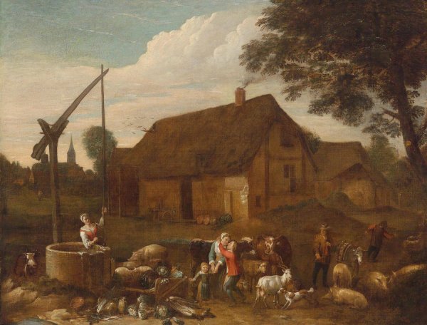 Main Product Photo of In a Farmyard Painting by Egbert Van Der Poel