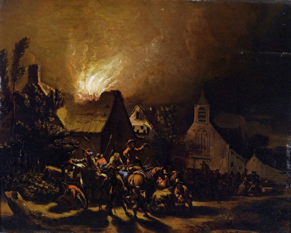 Main Product Photo of Marodeure vor einem brennenden Dorf Painting by Egbert Van Der Poel