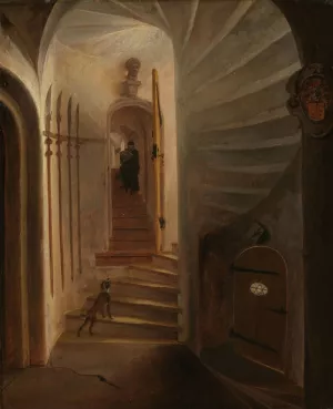 Portal of a stairway tower, with a man descending the stairs; presumably the moment before the assassination of William the Silent in the Ptinsenhof, Delft by Egbert Van Der Poel Oil Painting