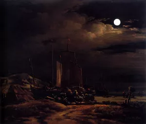 Seashore by Moonlight by Egbert Van Der Poel Oil Painting