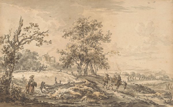 Main Product Photo of Vrouw met kind en man met ezel in landschap  Painting by Egbert Van Drielst