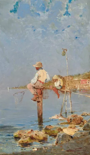 Boys Fishing on the Italian Coast Oil painting by Egisto Ferroni