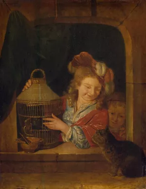 Children with a Cage and a Cat painting by Eglon Van Der Neer
