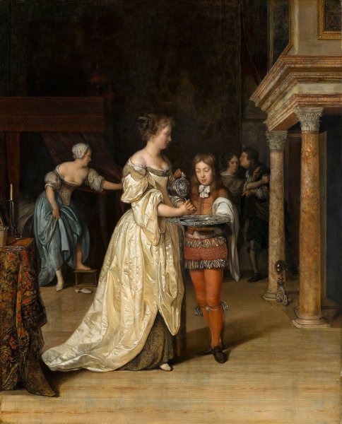 Main Product Photo of Interior with a Woman Washing her Hands  Painting by Eglon Van Der Neer