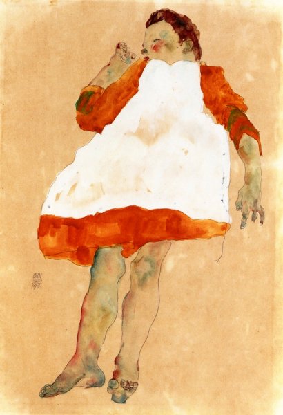 Main Product Photo of Child in Orange Dress with White Pinafore Painting by Egon Schiele