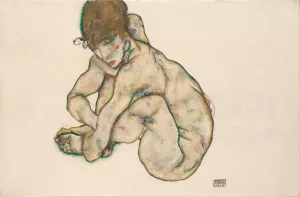 Crouching Nude Girl Oil painting by Egon Schiele