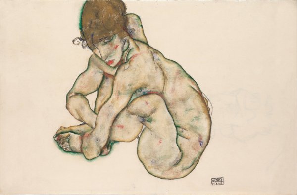 Crouching Nude Girl  by Egon Schiele - Hand-Painted Oil Painting Reproduction