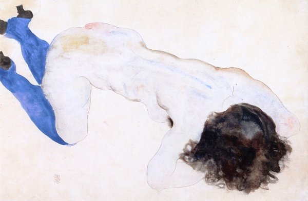 Main Product Photo of Crouching Woman with Blue Stockings Painting by Egon Schiele