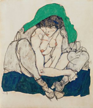 Crouching Woman with Green Headscarf by Egon Schiele Oil Painting