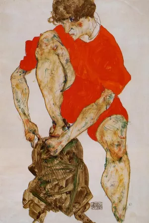 Female Model in Bright Red Jacket and Pants by Egon Schiele - Oil Painting Reproduction
