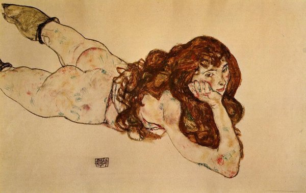 Main Product Photo of Female Nude Lying on Her Stomach Painting by Egon Schiele