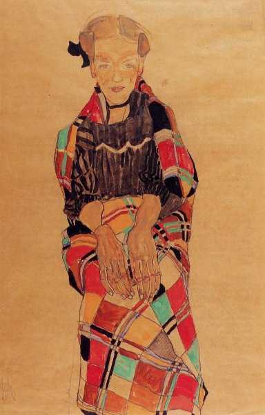 Main Product Photo of Girl in Black Pinafore, Wrapped in Plaid Blanket Painting by Egon Schiele