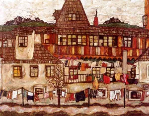 House with Drying Laundry Oil painting by Egon Schiele