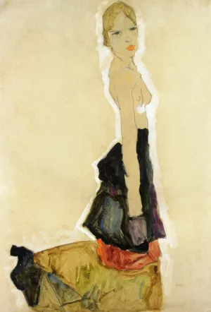 Kneeling Semi-Nude by Egon Schiele - Oil Painting Reproduction