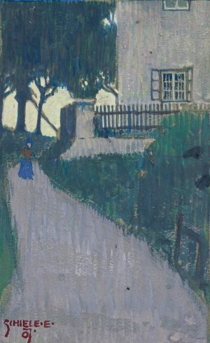 Landscape With House, Trees And Female Figure by Egon Schiele Oil Painting