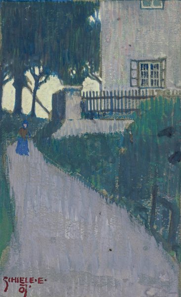 Main Product Photo of Landscape With House, Trees And Female Figure  Painting by Egon Schiele