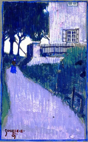 Landscape with House, Trees and Female Figure by Egon Schiele - Oil Painting Reproduction